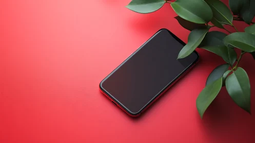 Smartphone with dark screen on coral background and green plant.