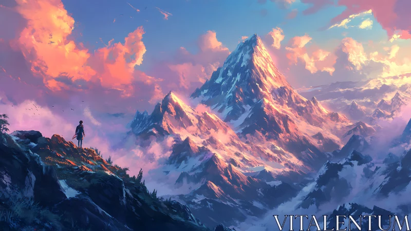 Solitary figure observing distant snow mountain range at dusk.