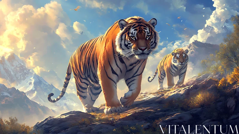 Mountain Sovereigns: Tigers Walk Through Golden Wilderness.