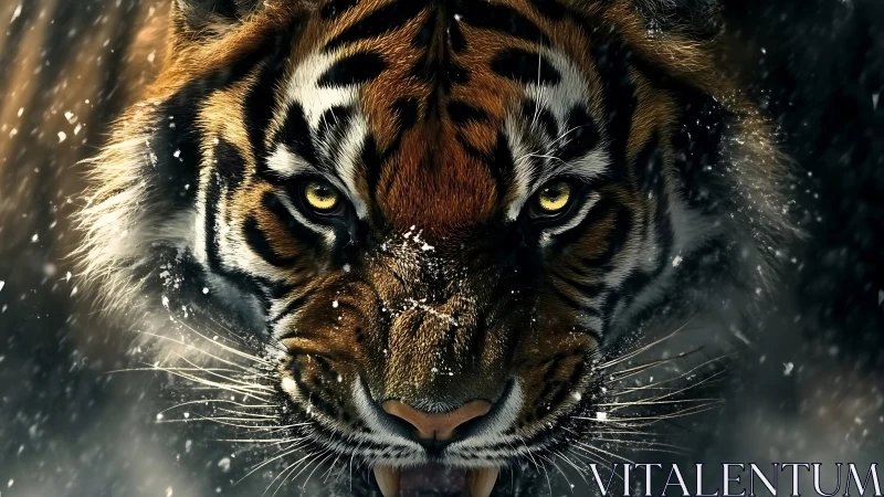 Close frontal view shows tiger face framed by falling snow