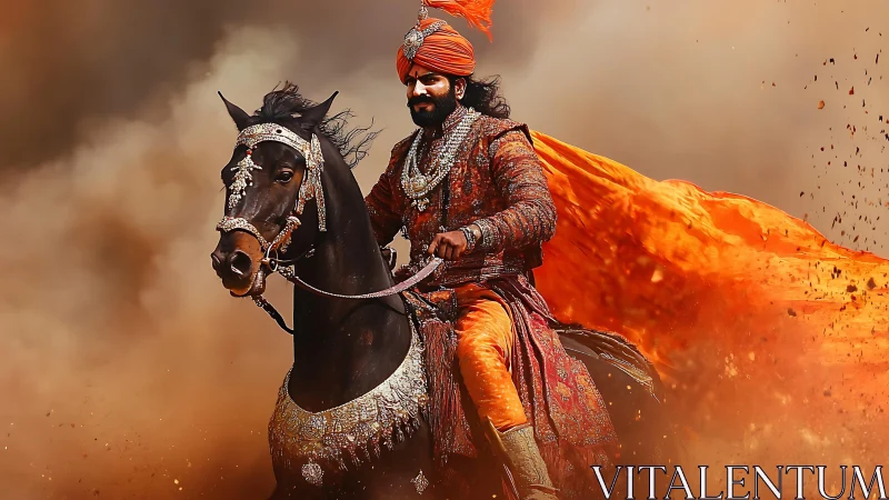 Mounted warrior in orange regalia cutting through dust plume.