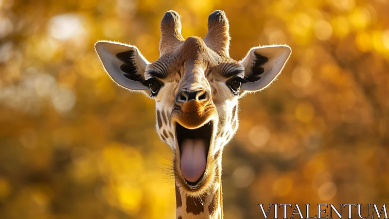 Giraffe portrait captures wide-mouthed expression in gold light.