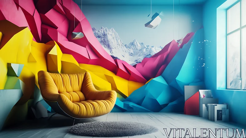Modern lounge with geometric wall art and mountain imagery.