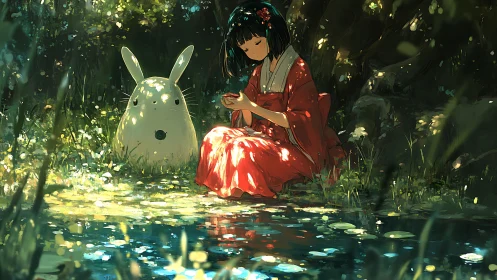 Girl in red kimono by pond with white forest creature.