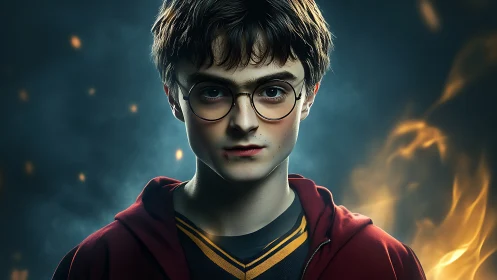 Young wizard portrait with cinematic firelit atmosphere.