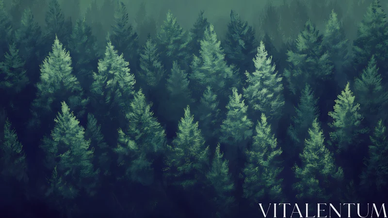 Digital conifer canopy study with layered atmospheric depth.