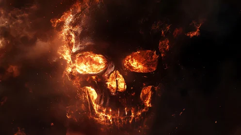 Flaming skull emerges from swirling infernal darkness
