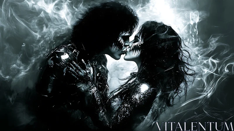 Silhouetted Embrace Against Ethereal Smoke.