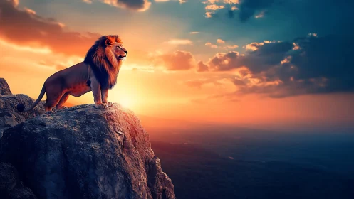 Male lion on rocky cliff at sunset under clouded sky.