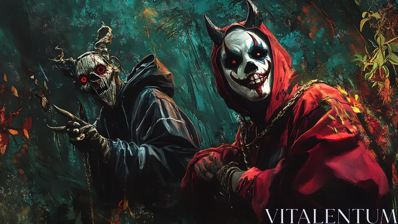 Demonic masked figures lurk in a sinister enchanted forest scene.