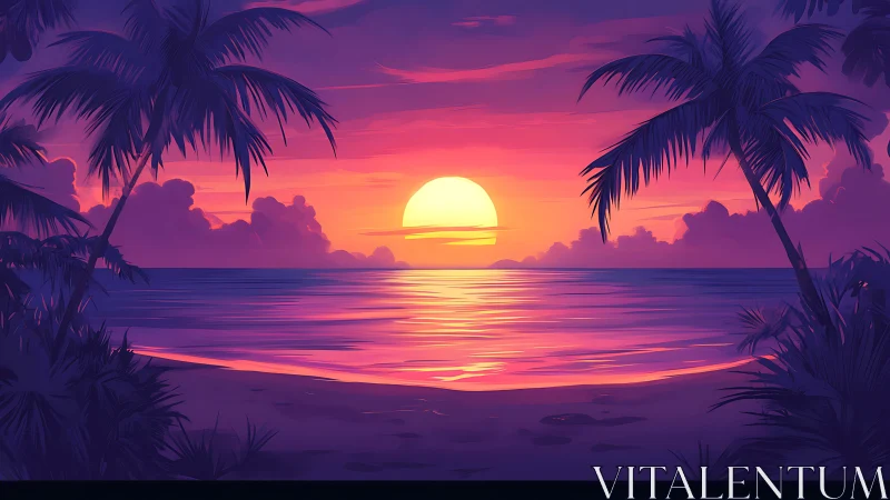 Tropical sunset beach with glowing ocean reflections.