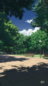 Sunlit urban park path with hard-edged cel-shaded foliage.