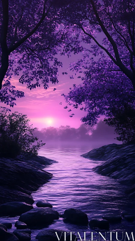 Purple river at sunset framed by dark forest trees.