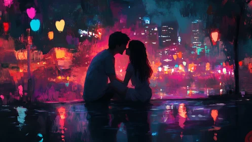 Silhouetted Couple Embracing Within Neon-Saturated Urban Landscape
