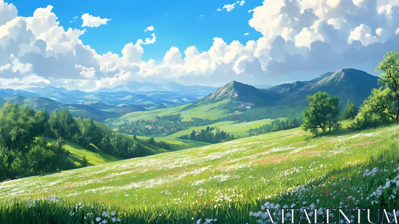 Digital painting landscape with luminous alpine meadow vista.