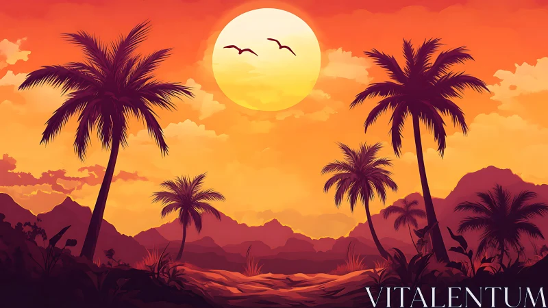 Vibrant tropical sunset landscape rendered in stylized digital art