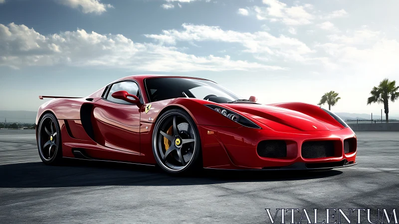Red supercar gleams under a bright coastal sky at sunset