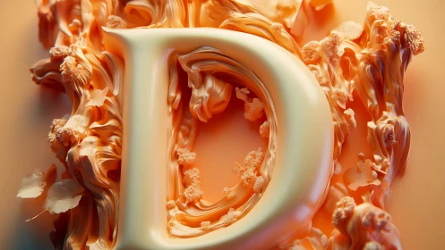 Letter D in glossy 3D with textured orange swirls.