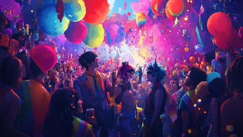 Neon pride parade ignites a confetti-splashed night sky.