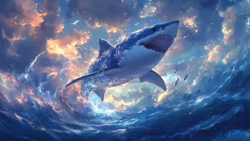 Great white shark bursts through glowing storm sea.