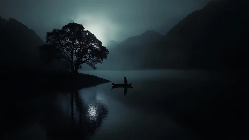 Solitary canoe drifts beneath a moonlit lakeside tree.