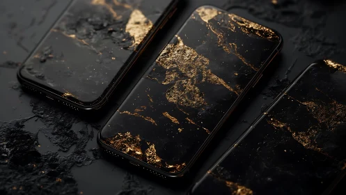 Gilded midnight smartphones shimmering with molten luxury.