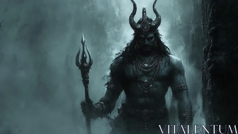 Armored horned warlord emerges from fog with ornate trident