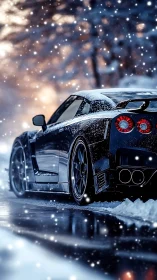 Midnight sports car under soft falling winter snowstorm.