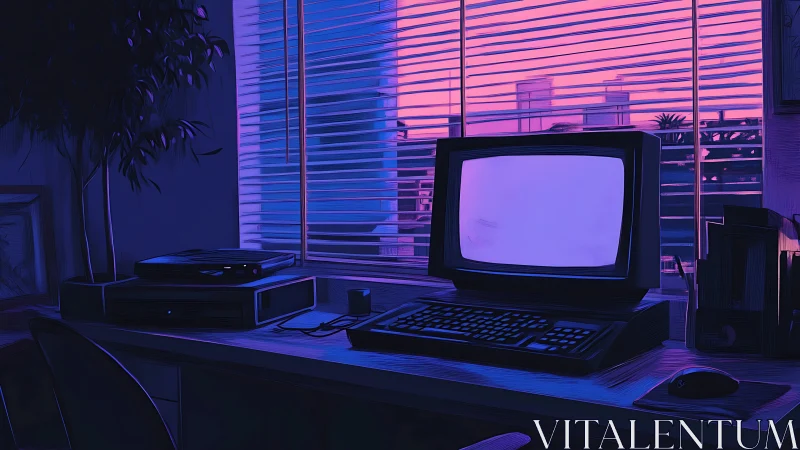 Retro CRT workstation glows under magenta-blue dusk window light