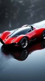 Red futuristic supercar glides across a wet reflective surface