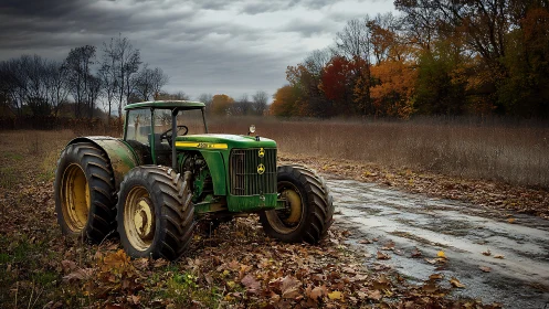 Weathered green tractor stands on muddy leaf‑covered farm track