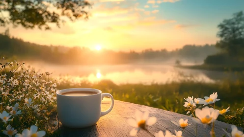 Morning coffee overlooks tranquil misty lakeside sunrise.