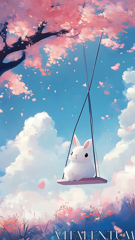 Gentle bunny enjoys a dreamy swing beneath pink blossoms