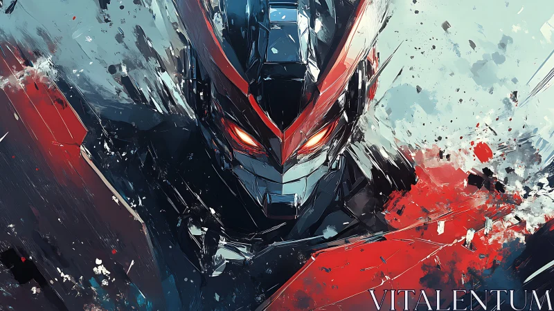 Angular cybernetic helmet portrait uses dynamic splatter abstraction