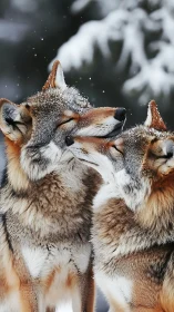 Winter-close coyotes nuzzling in softly falling snowstorm.