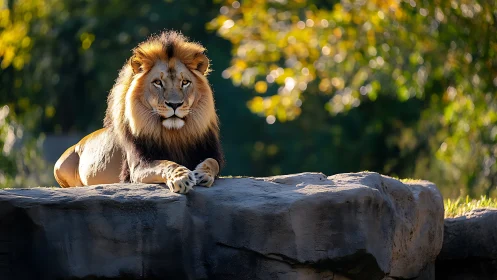 Male lion rests on sunlit rock ledge in shallow depth of field