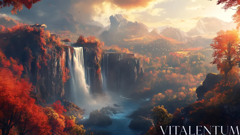 Autumnal cascade plateau under volumetric sunset illumination.