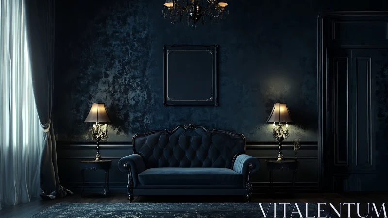 Midnight parlor with velvet sofa and gentle lamplight glow.