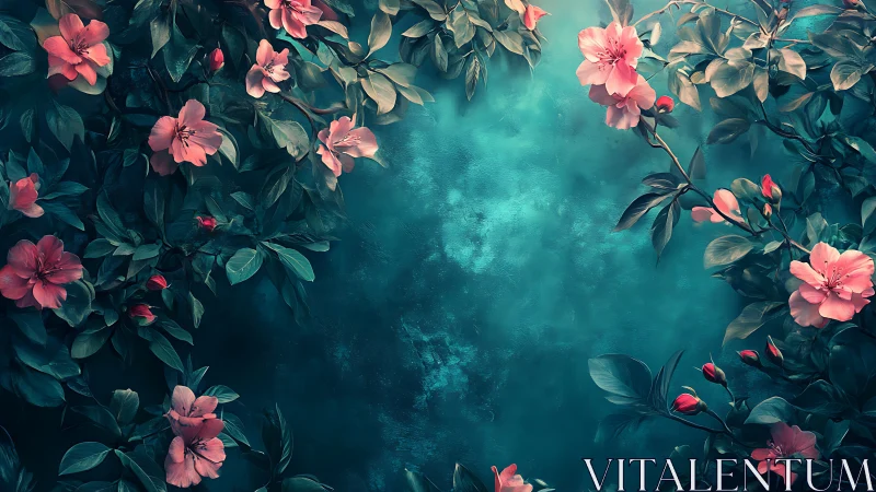 Pink Blooms Frame a Serene Turquoise Dream.