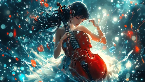 Cellist immersed in luminous fluid dynamics and bokeh particles