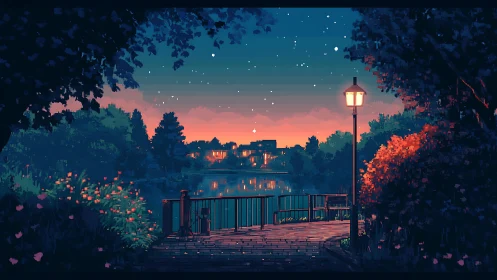Pixel art lakeside terrace at twilight with lamplit framing.