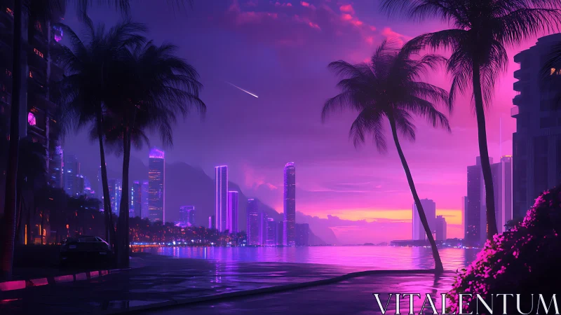 Neon-lit coastal cityscape is rendered under magenta twilight