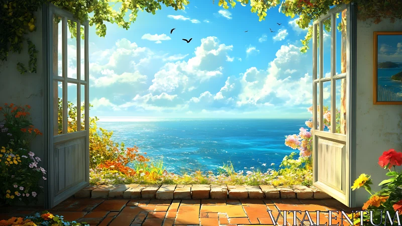 Open terrace doors frame bright coastal ocean view