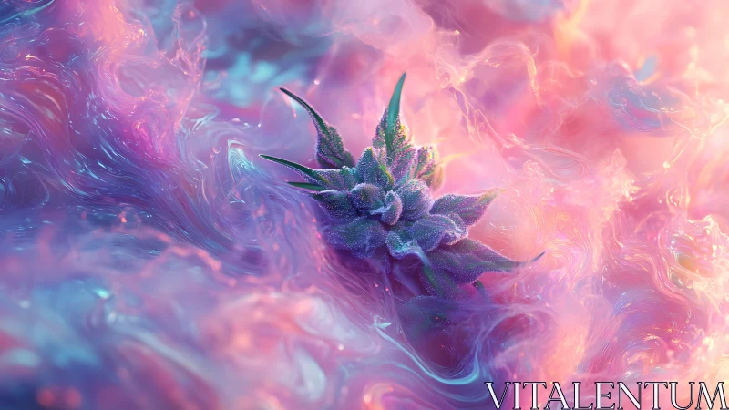 Digitally rendered plant-like form rests in iridescent fluid