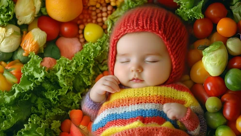 Cozy baby naps peacefully nestled among colorful fresh veggies