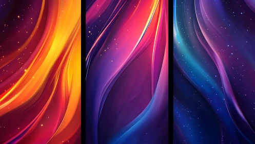 Triptych spectral waveforms with gradient-lit stellar particles.