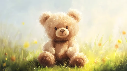 Soft teddy bear sits in sunlit meadow with gentle glow