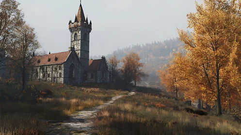 Gothic stone church tower in foggy autumn valley with volumetric light