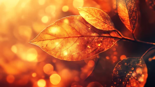 Macro leaf study with luminous autumn bokeh backdrop.