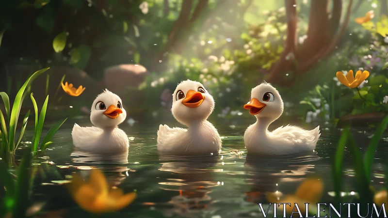 Sunlit duckling trio singing in a glittering forest pond.